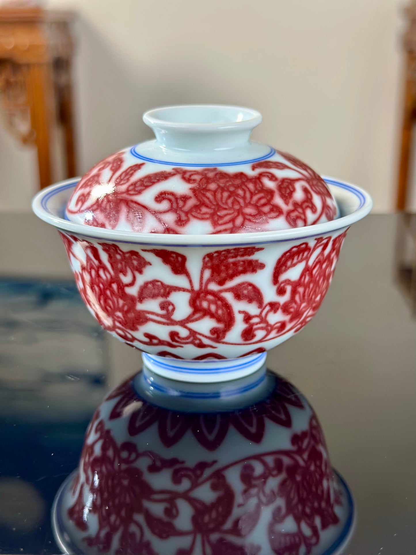 Hand Painted Chinese Lotus Underglaze Red Youlihong Jingdezhen Gaiwan Tea Boat Tea Tray Tea Set Master Ceramic