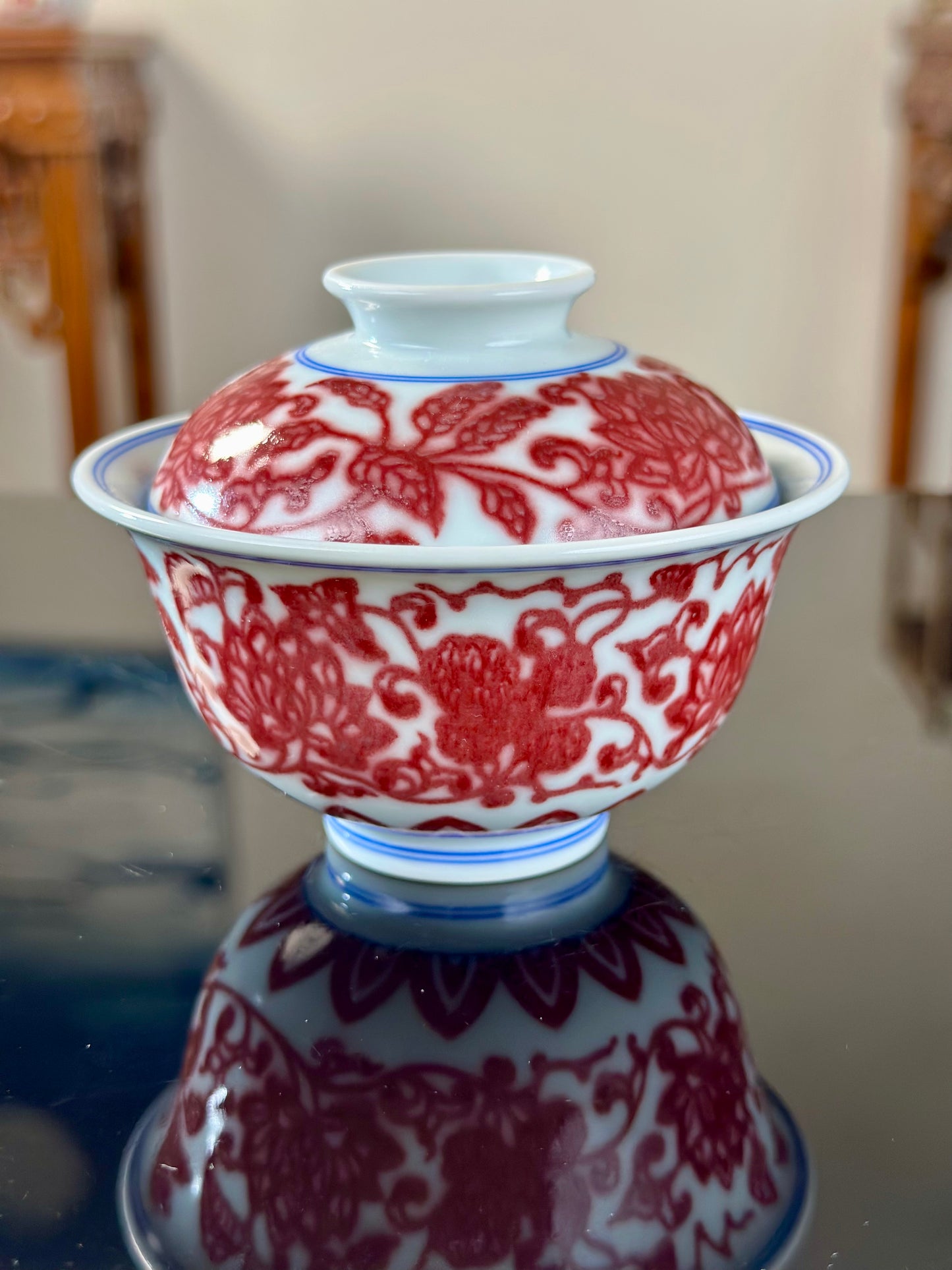 Hand Painted Chinese Lotus Underglaze Red Youlihong Jingdezhen Gaiwan Tea Boat Tea Tray Tea Set Master Ceramic