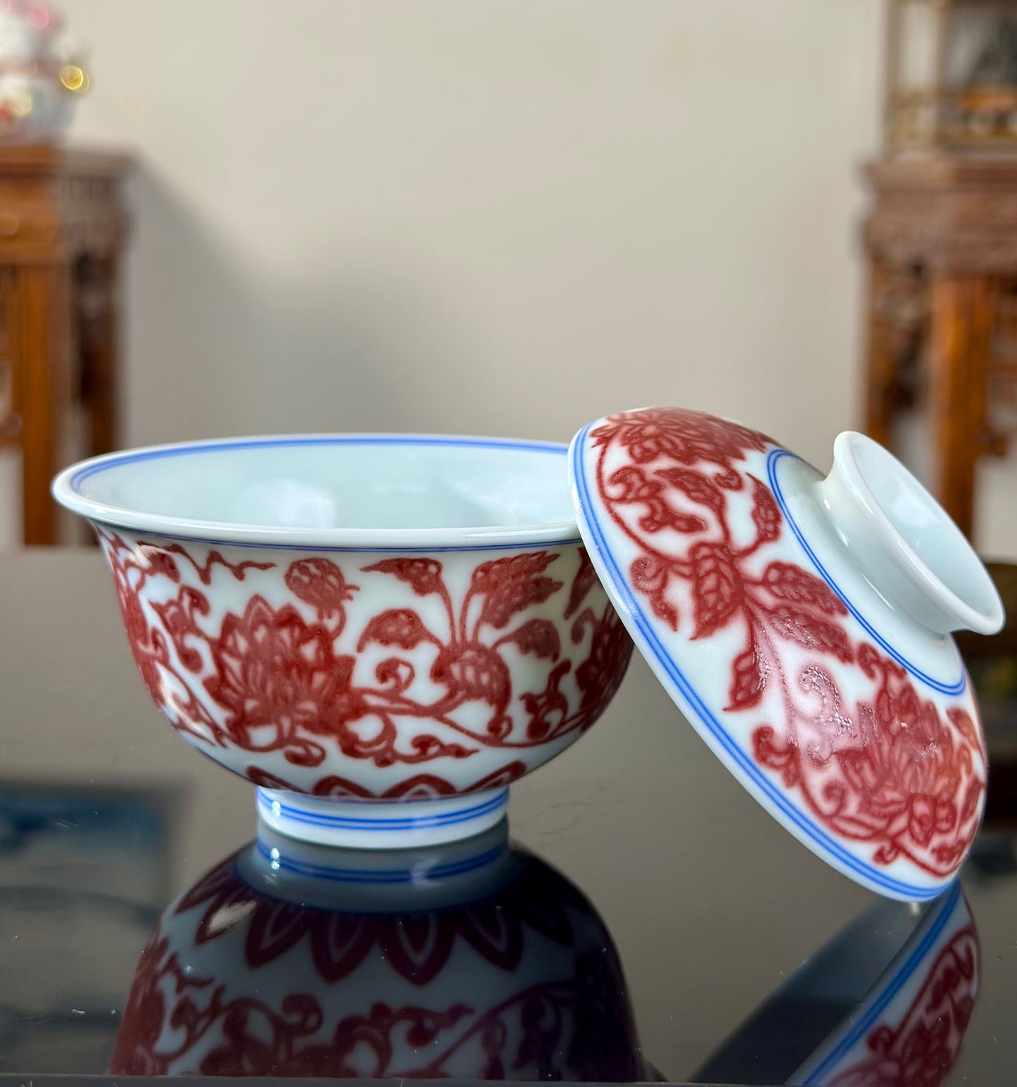 Hand Painted Chinese Lotus Underglaze Red Youlihong Jingdezhen Gaiwan Tea Boat Tea Tray Tea Set Master Ceramic