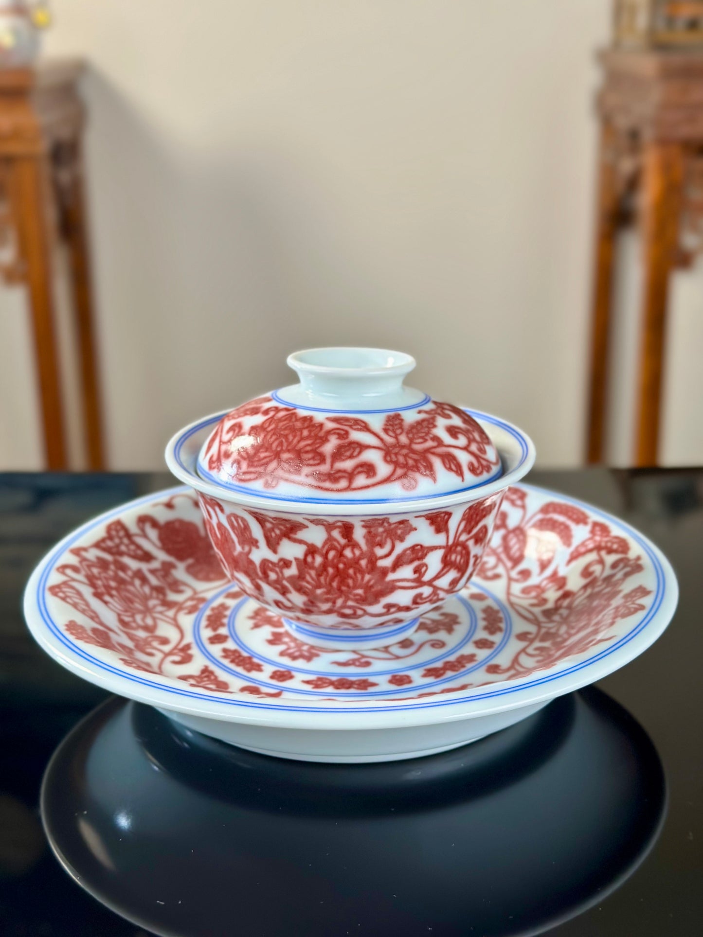Hand Painted Chinese Lotus Underglaze Red Youlihong Jingdezhen Gaiwan Tea Boat Tea Tray Tea Set Master Ceramic