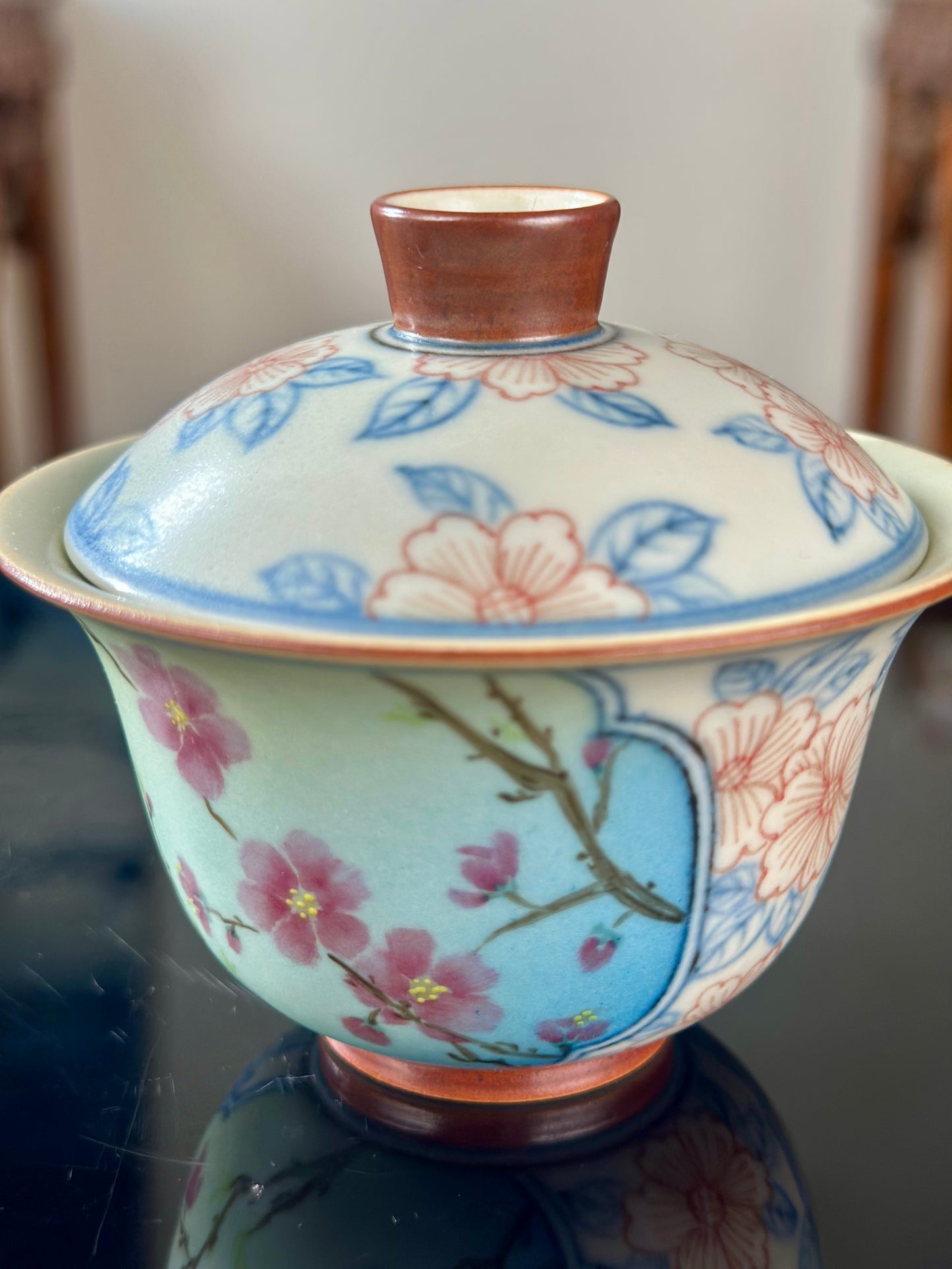 Handpainted Chinese High End Famille Rose Blue White Porcelain Gaiwan Peach Flower Pattern Teapot