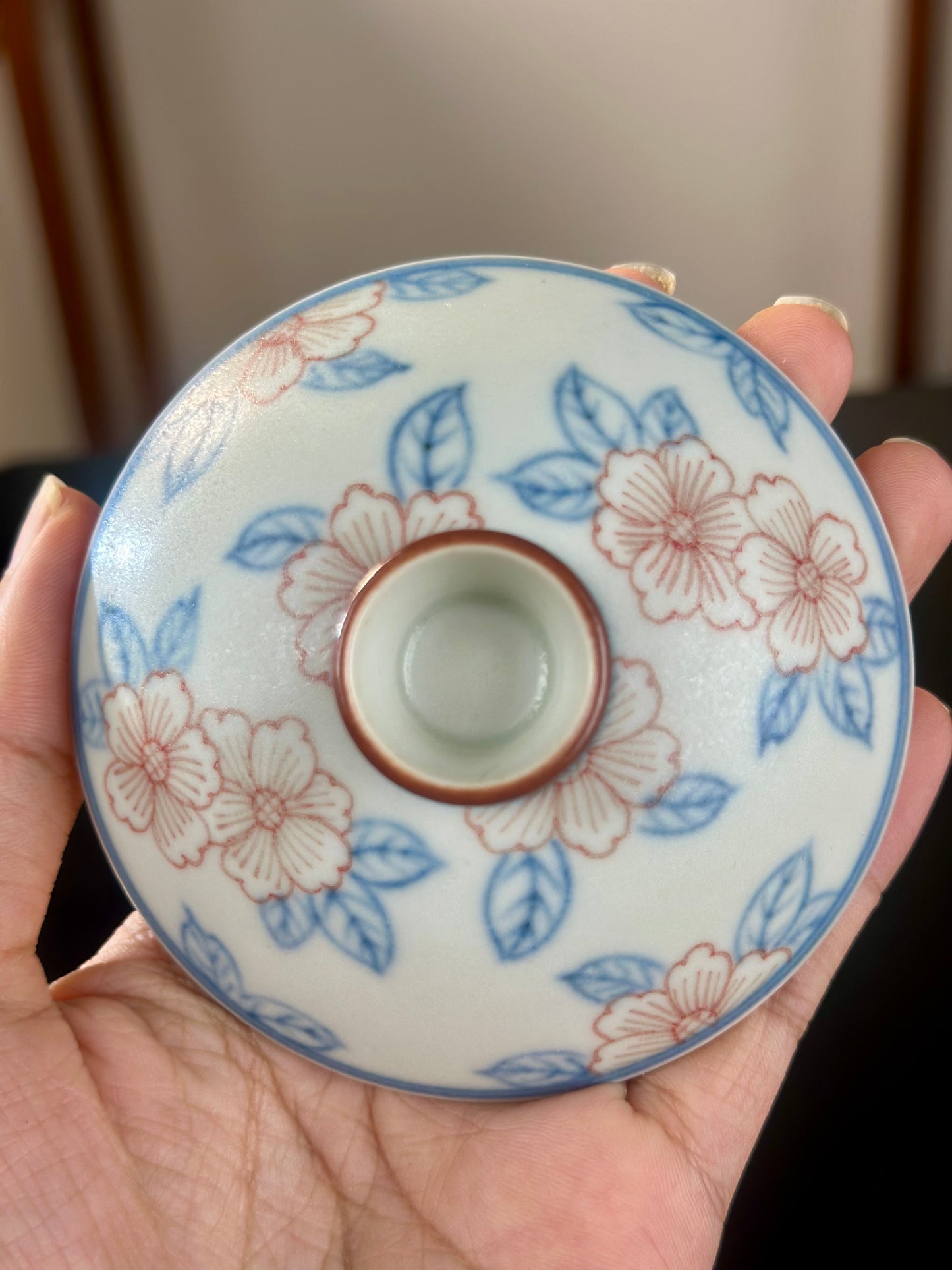 Handpainted Chinese High End Famille Rose Blue White Porcelain Gaiwan Peach Flower Pattern Teapot