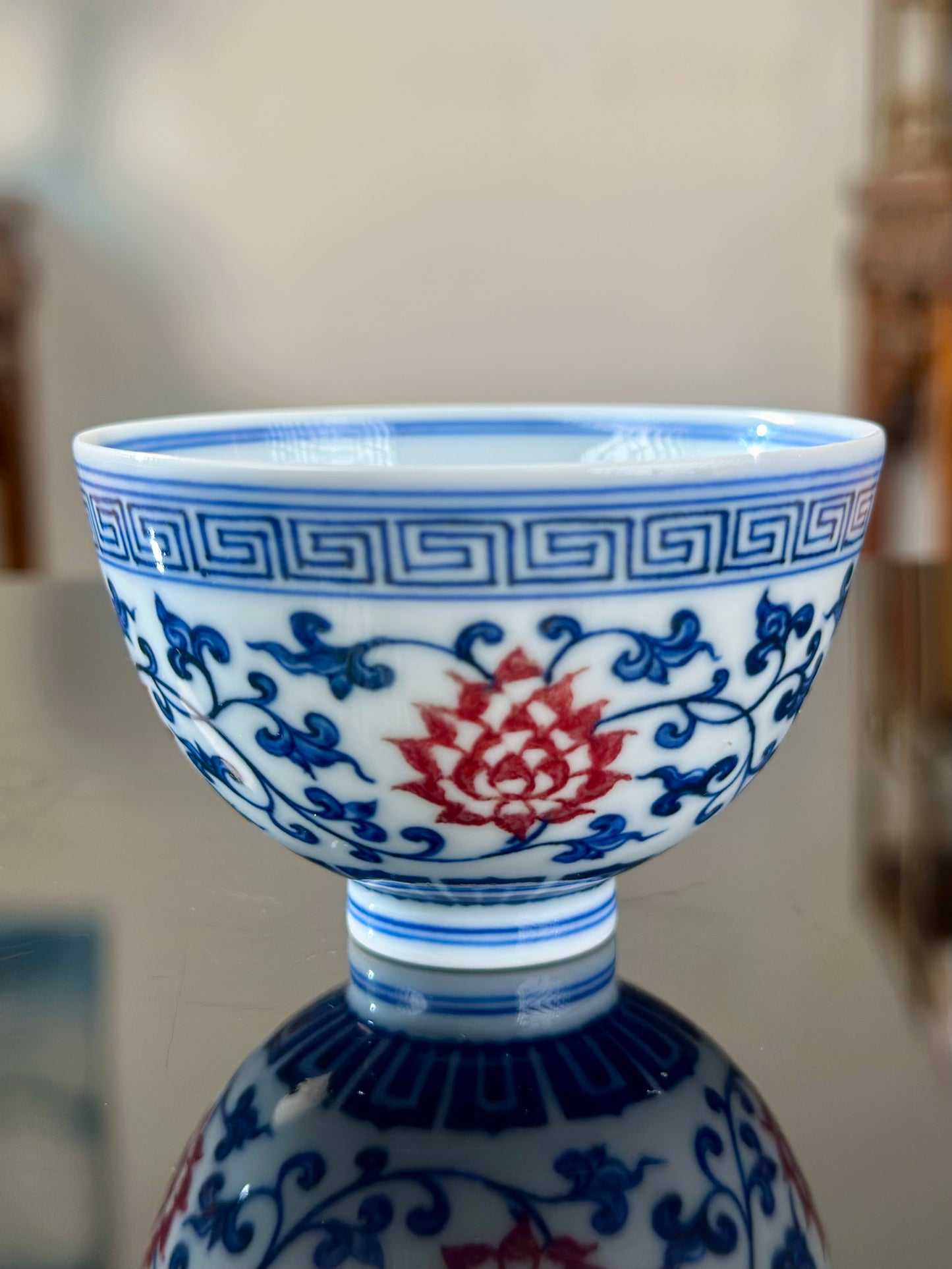 Handpainted Chinese Blue and White Underglaze Red Youlihong Porcelain Jingdezhen Traditional Lotus with Twined Stem Pattern Teacup