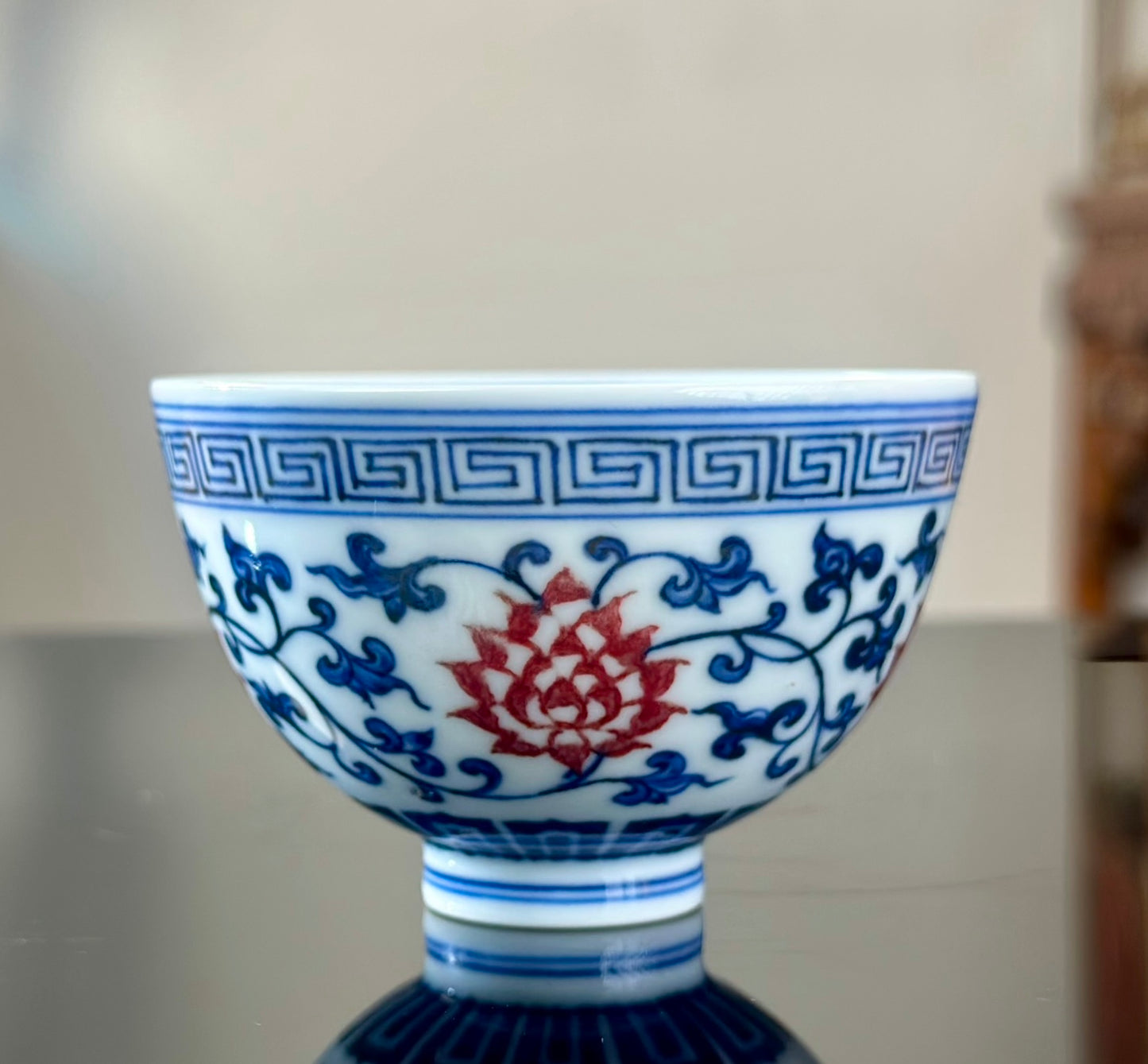 Handpainted Chinese Blue and White Underglaze Red Youlihong Porcelain Jingdezhen Traditional Lotus with Twined Stem Pattern Teacup