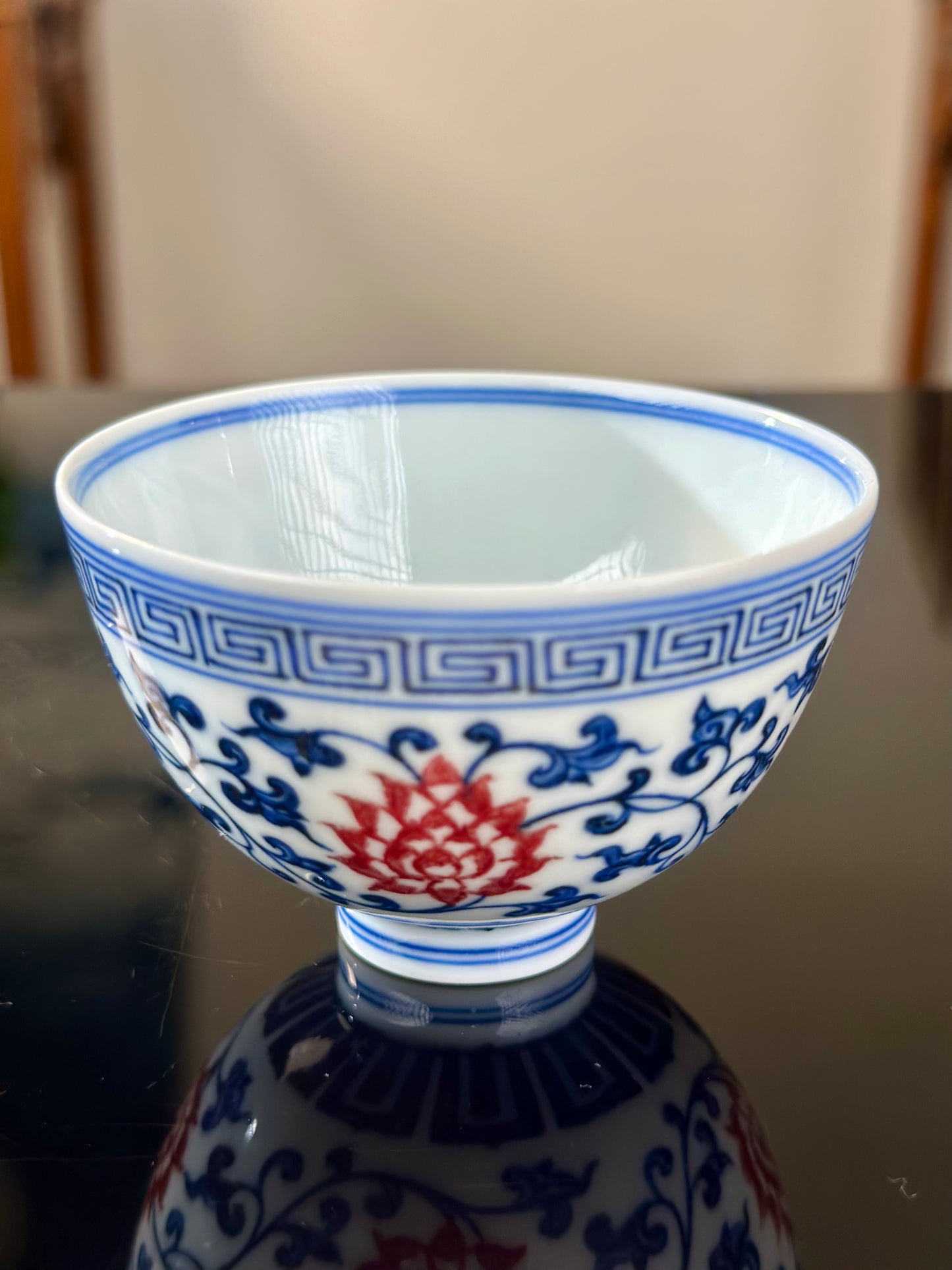 Handpainted Chinese Blue and White Underglaze Red Youlihong Porcelain Jingdezhen Traditional Lotus with Twined Stem Pattern Teacup