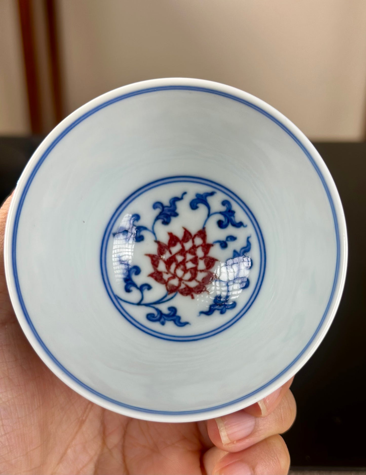 Handpainted Chinese Blue and White Underglaze Red Youlihong Porcelain Jingdezhen Traditional Lotus with Twined Stem Pattern Teacup