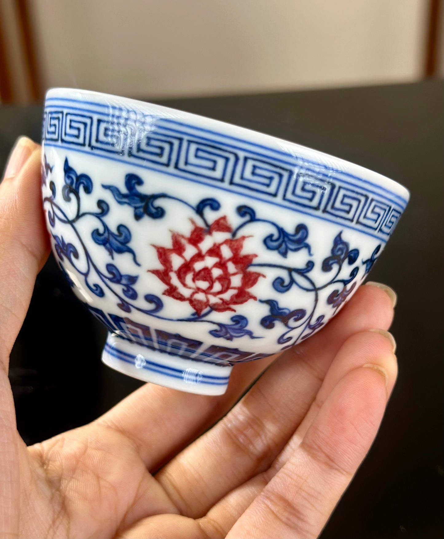 Handpainted Chinese Blue and White Underglaze Red Youlihong Porcelain Jingdezhen Traditional Lotus with Twined Stem Pattern Teacup