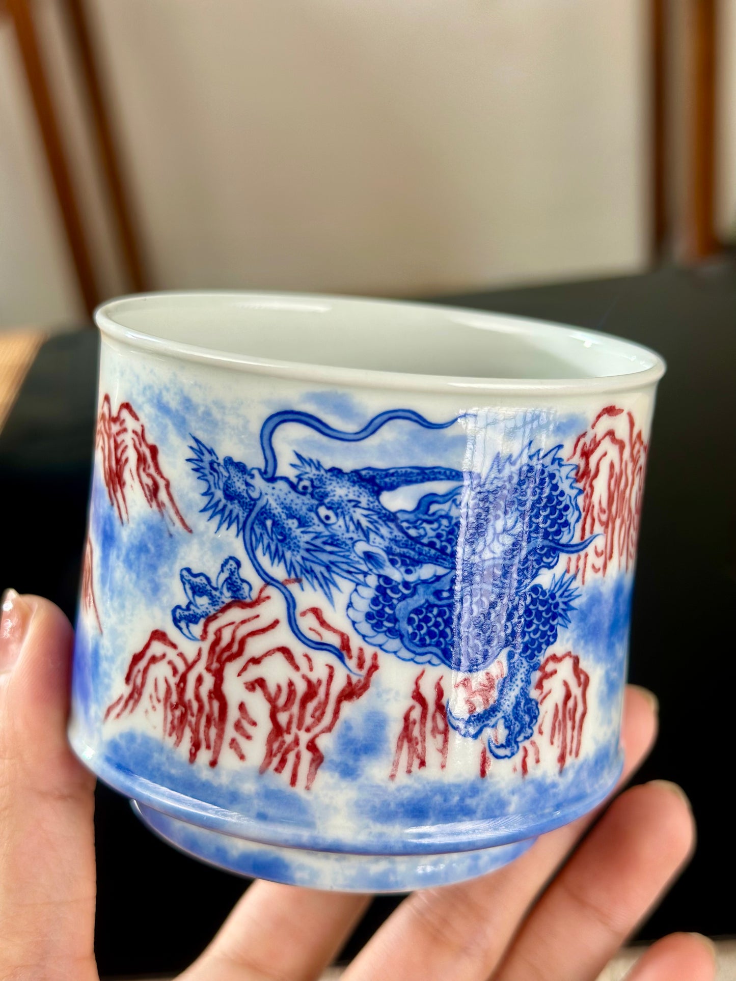 Handpainted Chinese Blue and White Underglaze Red Youlihong Porcelain Jingdezhen Traditional Dragon Pattern Teacup