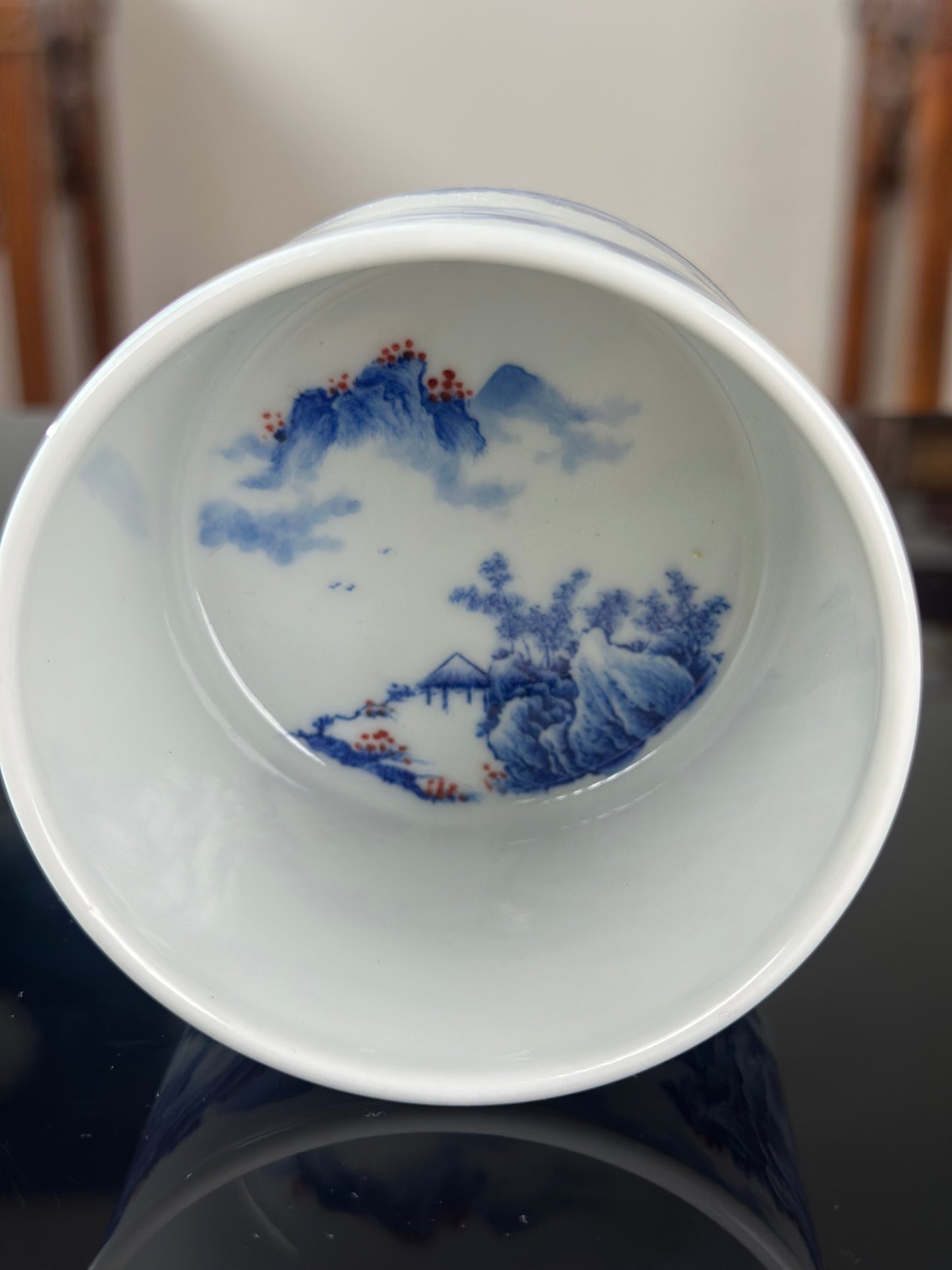Handpainted Chinese Blue and White Underglaze Red Youlihong Porcelain Jingdezhen Mountain Landscape Pattern Teacup