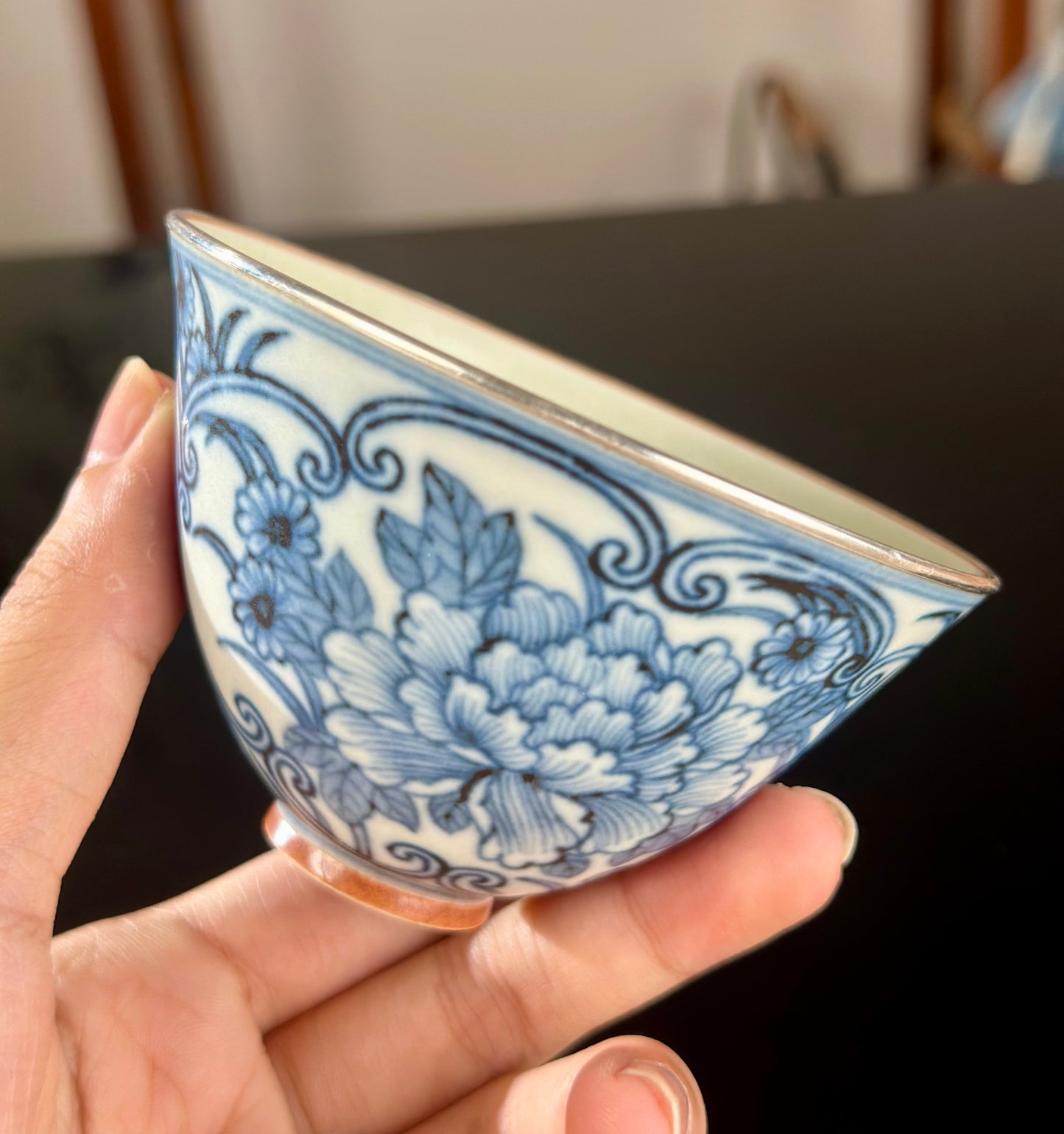 Handcrafted Chinese Blue White Porcelain Handpainted Peony Pure Silver EdgeJingdezhen Artwokr Teacup