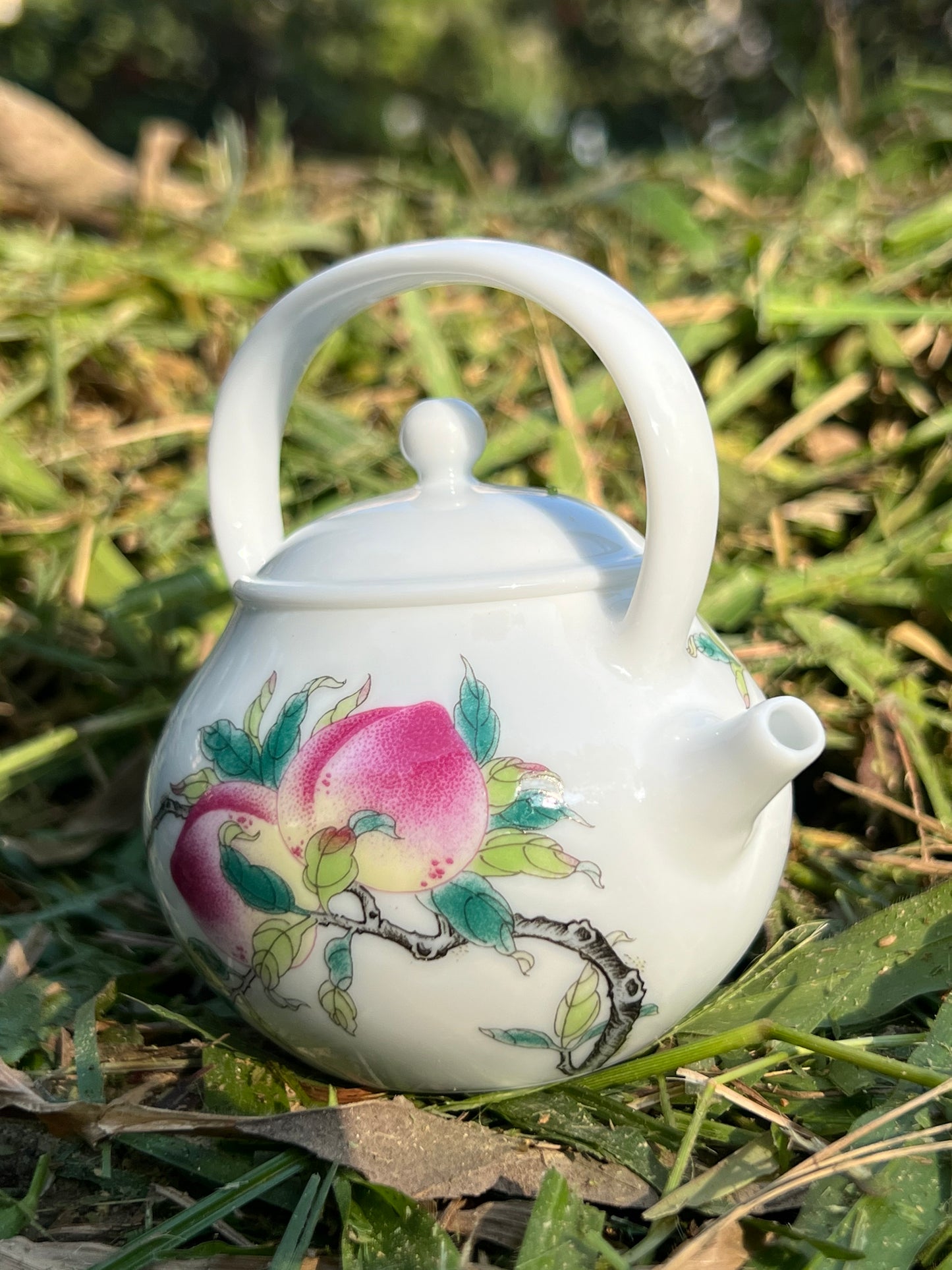 Hand Painted Chinese Peach Lifting Handle Teapot Famille Rose Pink Teaware Jingdezhen Master Ceramic Artwork