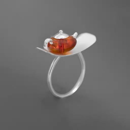 S925 Sterling Silver Original Design Handmade Teapot Shape Amber Ring