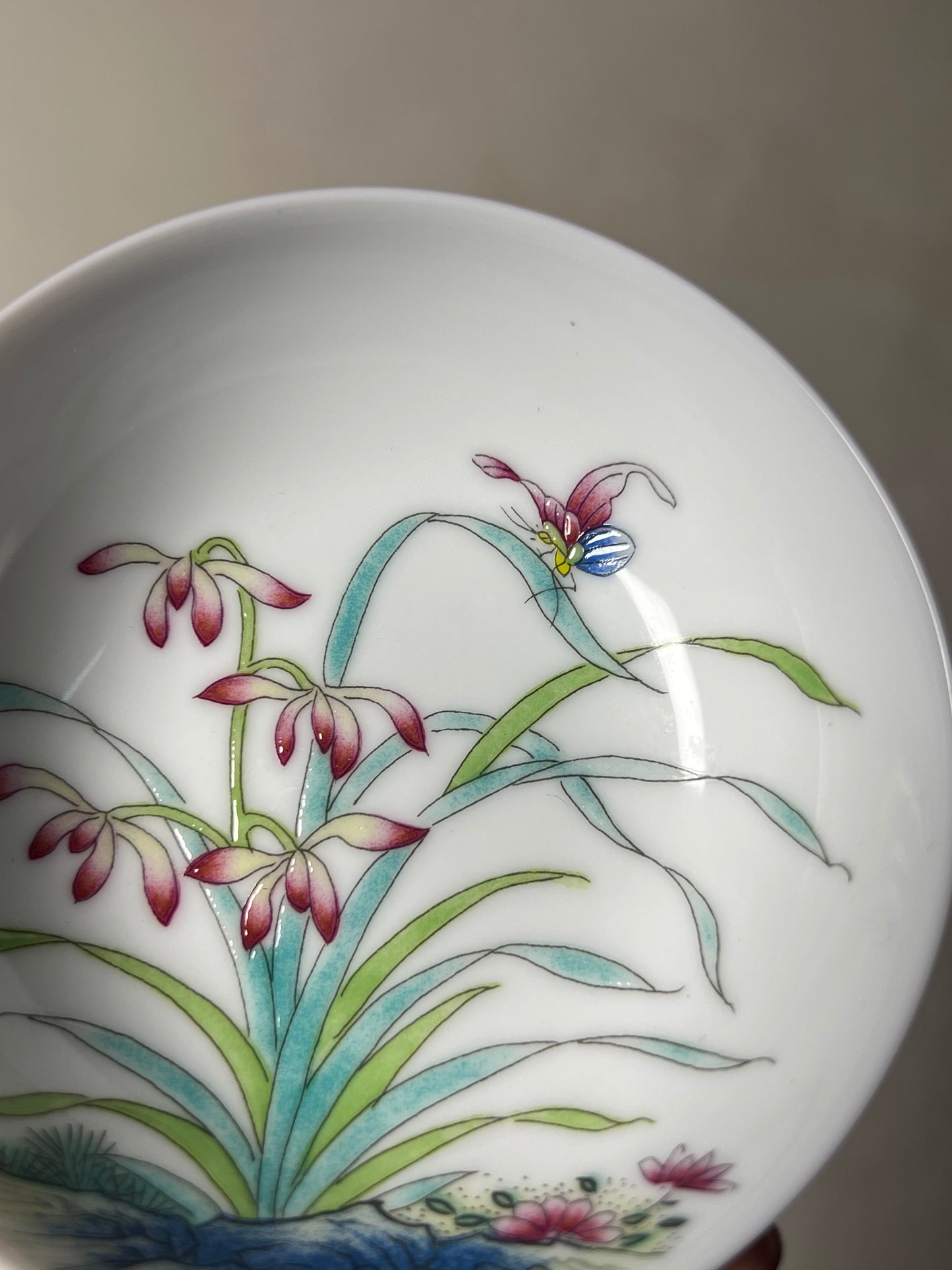 Hand painted Chinese Enamel Orchid Flower Teacup Jingdezhen Master Ceramic Artwork