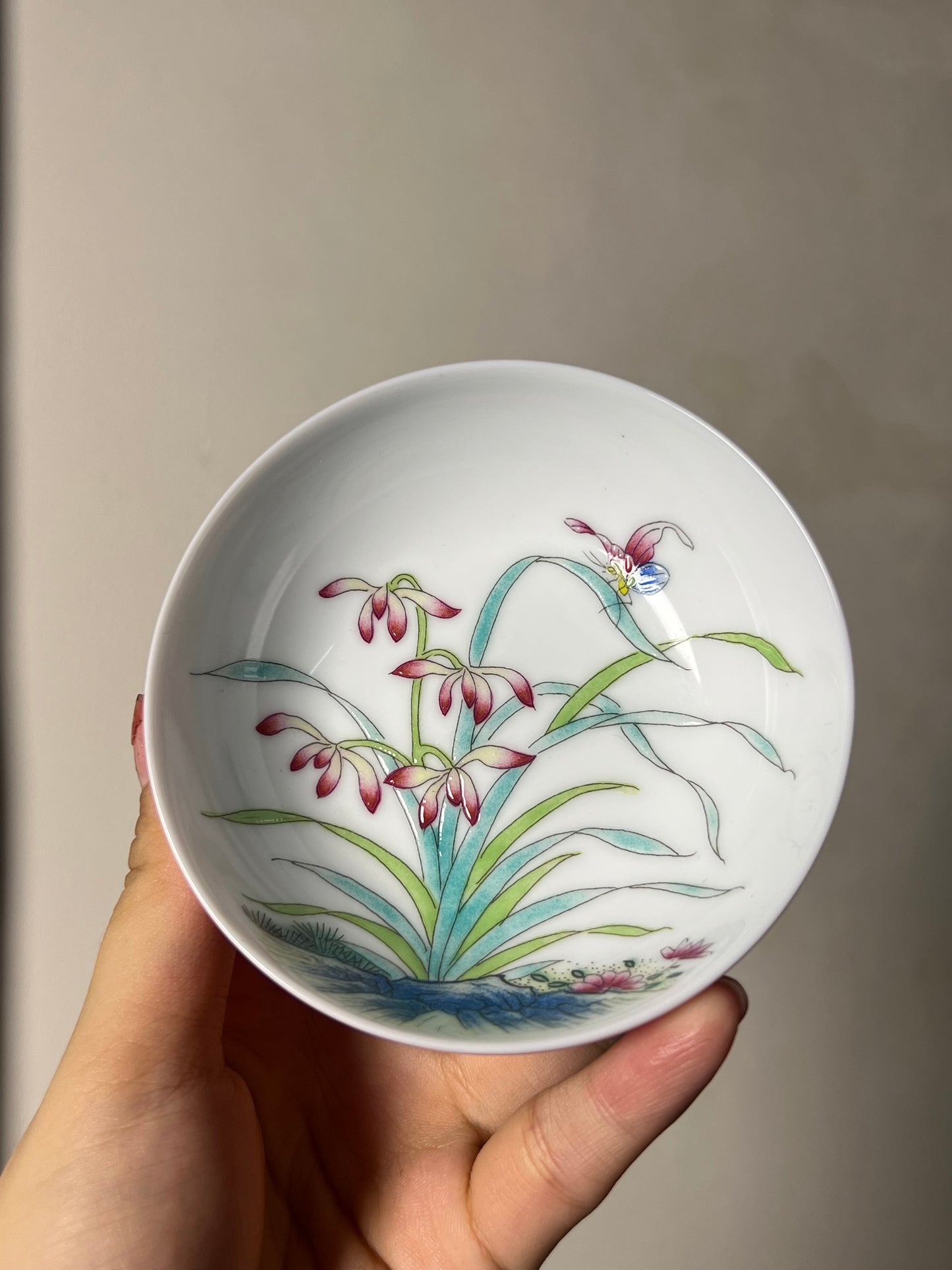 Hand painted Chinese Enamel Orchid Flower Teacup Jingdezhen Master Ceramic Artwork