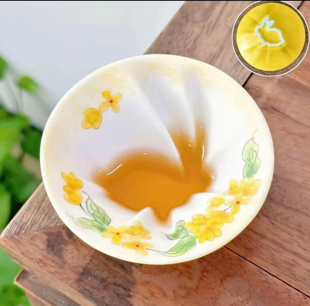 Hand painted Chinese Original Douli Shape Teacup Inner Engraved Moon Rabbit Motif Yellow Cup