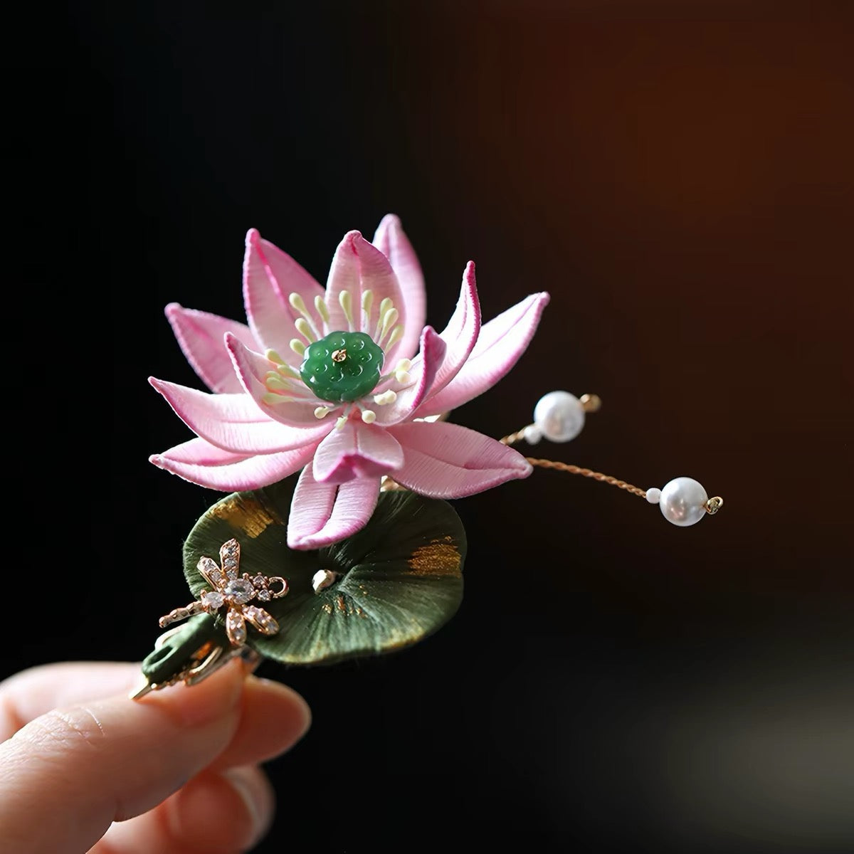 Handcrafted Chinese Classic Lotus Flower Brooch Elegant Pink Hair Clip
