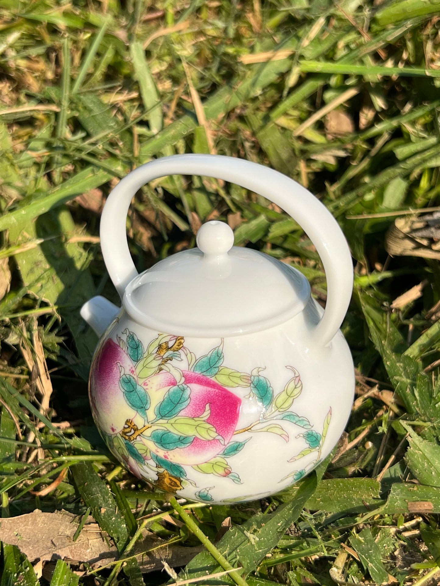 Hand Painted Chinese Peach Lifting Handle Teapot Famille Rose Pink Teaware Jingdezhen Master Ceramic Artwork