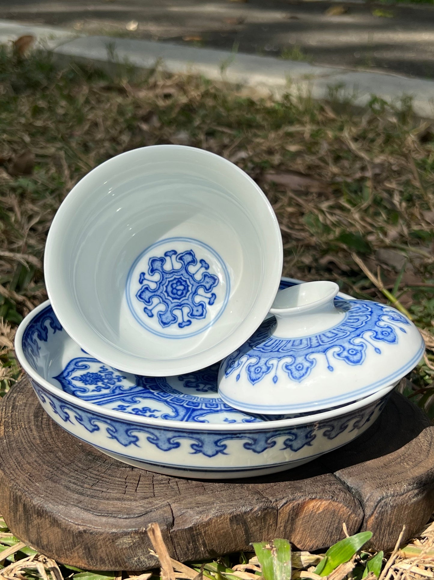 Handcrafted Chinese Hand Painted Chinese Blue and White Porcelain Tea Tray Baoxiang Flower Pattern Tea Boat Jingdezhen Master Ceramic Artwork