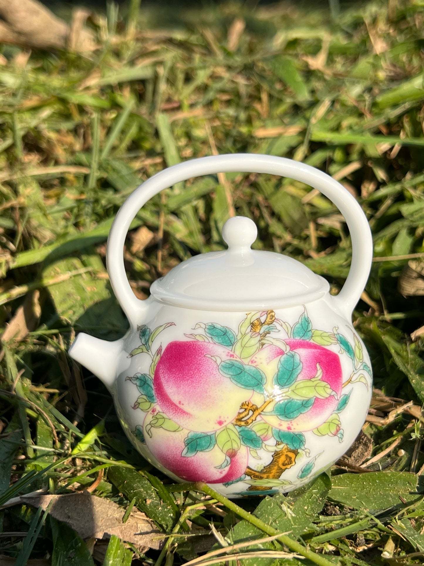 Hand Painted Chinese Peach Lifting Handle Teapot Famille Rose Pink Teaware Jingdezhen Master Ceramic Artwork