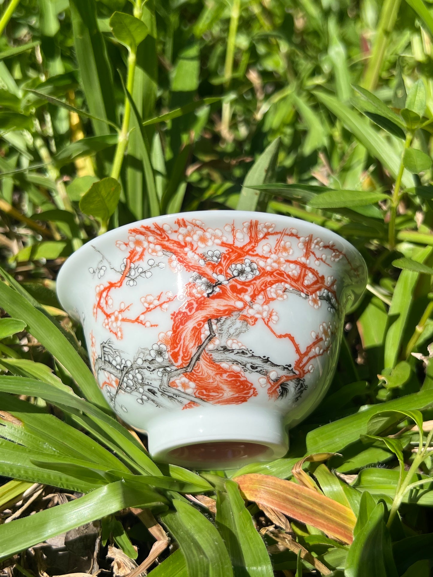 Handcrafted Orange Red Teacup Handpainted Chinese Plum Flower Alum Red Jingdezhen Teacup Master Pottery Ceramic Artwork