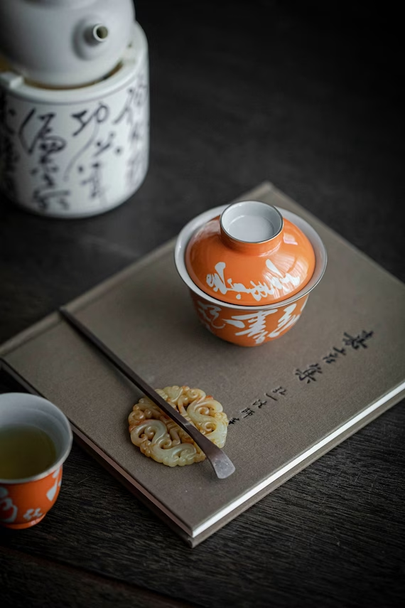 Chinese Orange Fine Pottery Handpainted Chinese Calligraphy Gaiwan Poem Pot Tea Maker Teapot Ceramic kung fu Tea Ceremony