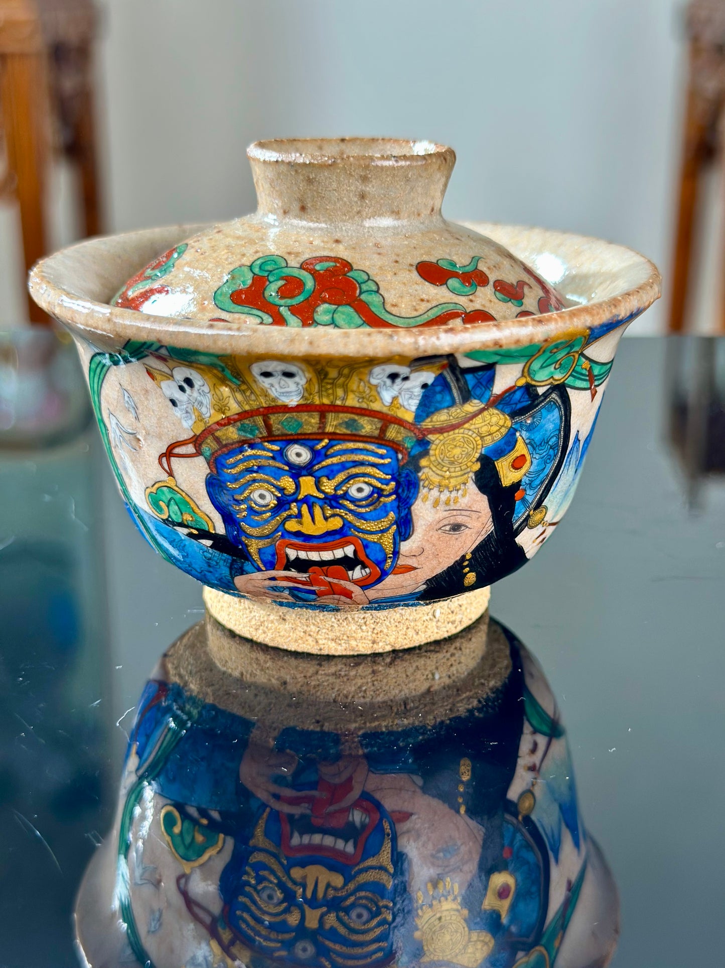 Handpainted Original Designed Chinese Tibetan Style Pottery Gaiwan Teacup Teapot Master Set