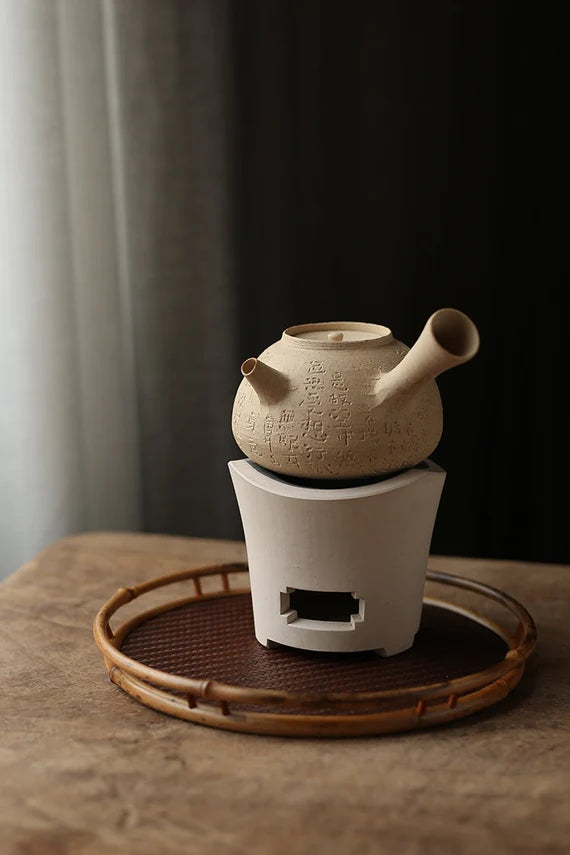 White Handmade Chinese  Chaozhou Kettle Engraved Poem Heart Sutra Classic Chinese Master Pottery Ceramic Japanese Ceramic Tea Ceremony