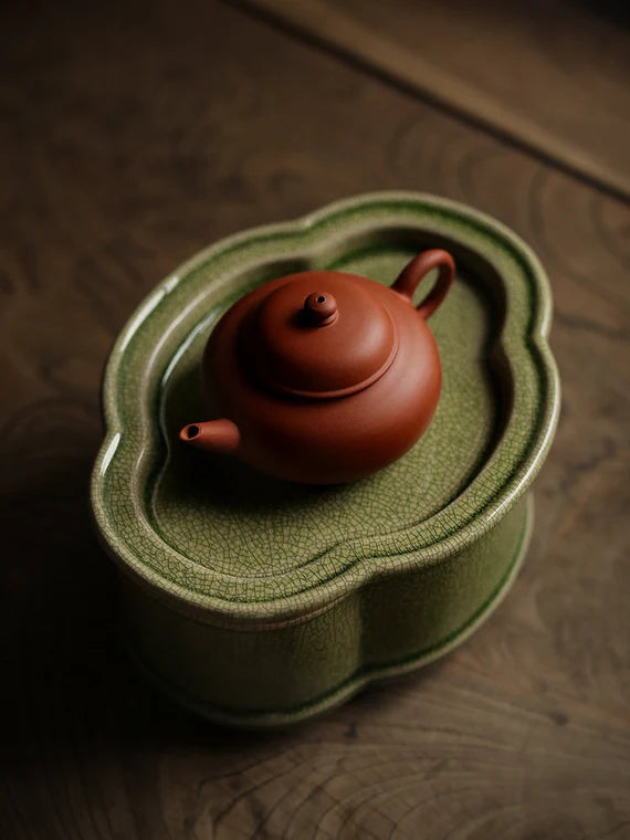 Zhangzhou Kiln Green-glazed Tea Boat Begonia Pot Carrying Open Teapot Holder Tea Tray Chinese Master Artwork Teapot Holder Tea Boat