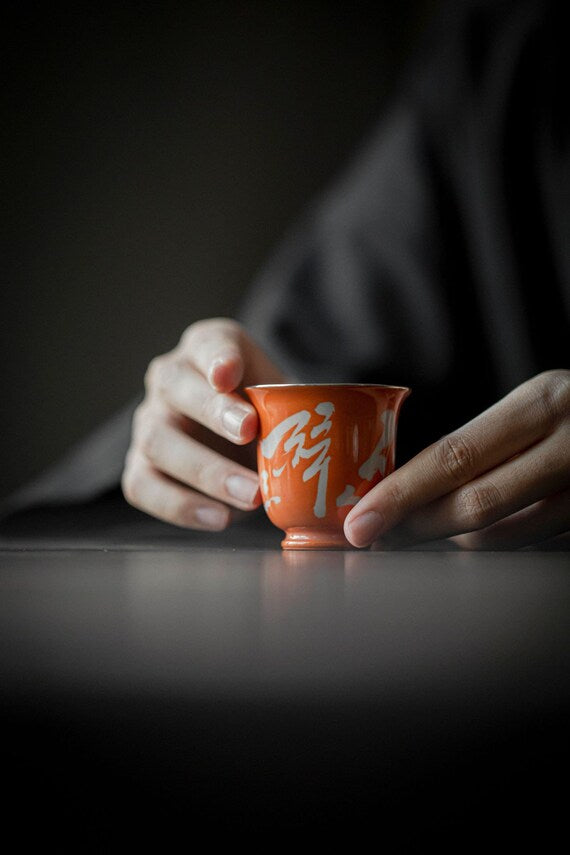 Chinese Orange Fine Pottery Handpainted Chinese Calligraphy Gaiwan Poem Pot Tea Maker Teapot Ceramic kung fu Tea Ceremony
