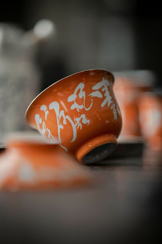 Chinese Orange Fine Pottery Handpainted Chinese Calligraphy Gaiwan Poem Pot Tea Maker Teapot Ceramic kung fu Tea Ceremony
