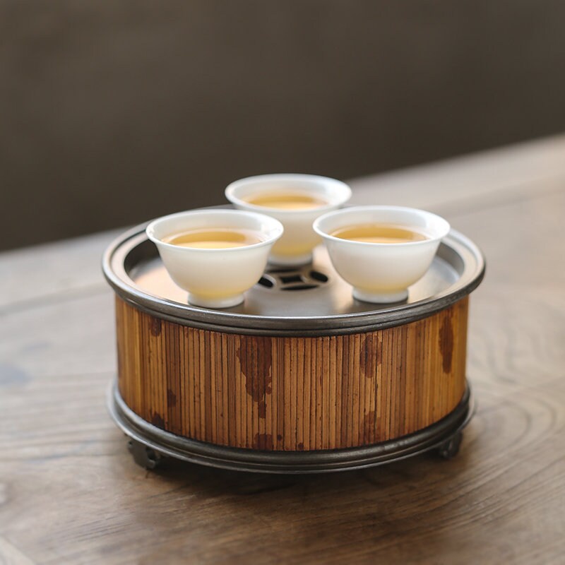 Handcrafted Tea Bamboo Tin Tray Mottled Bamboo Pure Tin Tea Boat Chaozhou Tray Chinese Master Artwork Teapot Holder Tea Boat