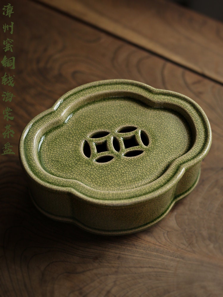 Zhangzhou Kiln Green-glazed Tea Boat Begonia Pot Carrying Open Teapot Holder Tea Tray Chinese Master Artwork Teapot Holder Tea Boat