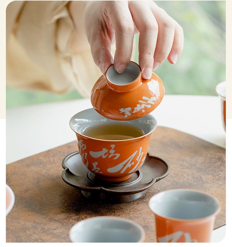 Chinese Orange Fine Pottery Handpainted Chinese Calligraphy Gaiwan Poem Pot Tea Maker Teapot Ceramic kung fu Tea Ceremony