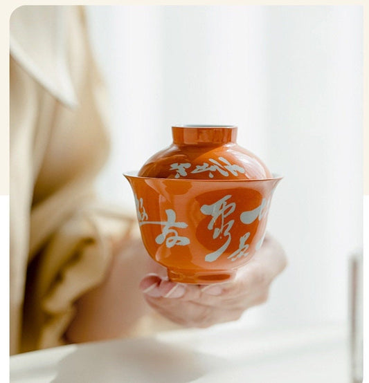 Chinese Orange Fine Pottery Handpainted Chinese Calligraphy Gaiwan Poem Pot Tea Maker Teapot Ceramic kung fu Tea Ceremony