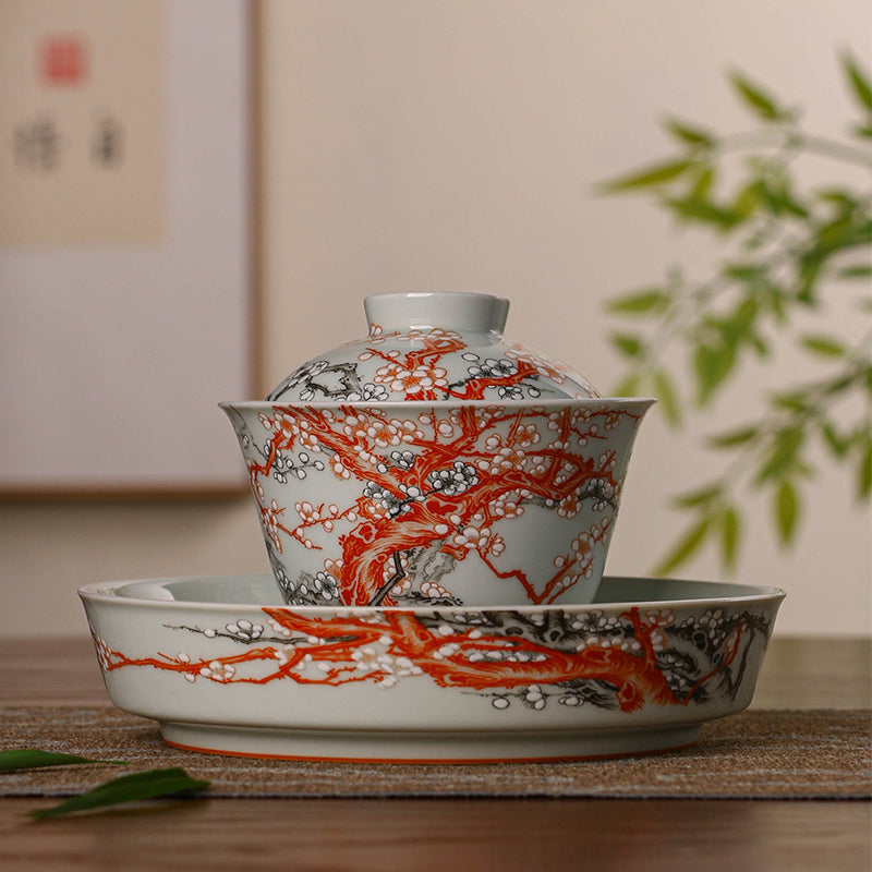 this is a Chinese Jingdezhen alum red plum flower teapot.this is a ceramic teapot gaiwan