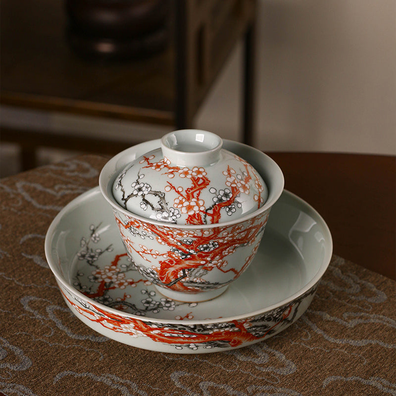 this is a Chinese Jingdezhen alum red plum flower teapot.this is a ceramic teapot gaiwan