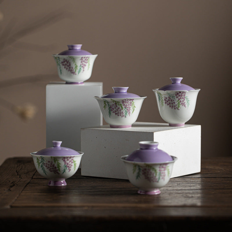 Chinese Original Handpainted Purple Wisteria Pattern Gaiwan Unique Teaware Master Pottery Tea Ceremony