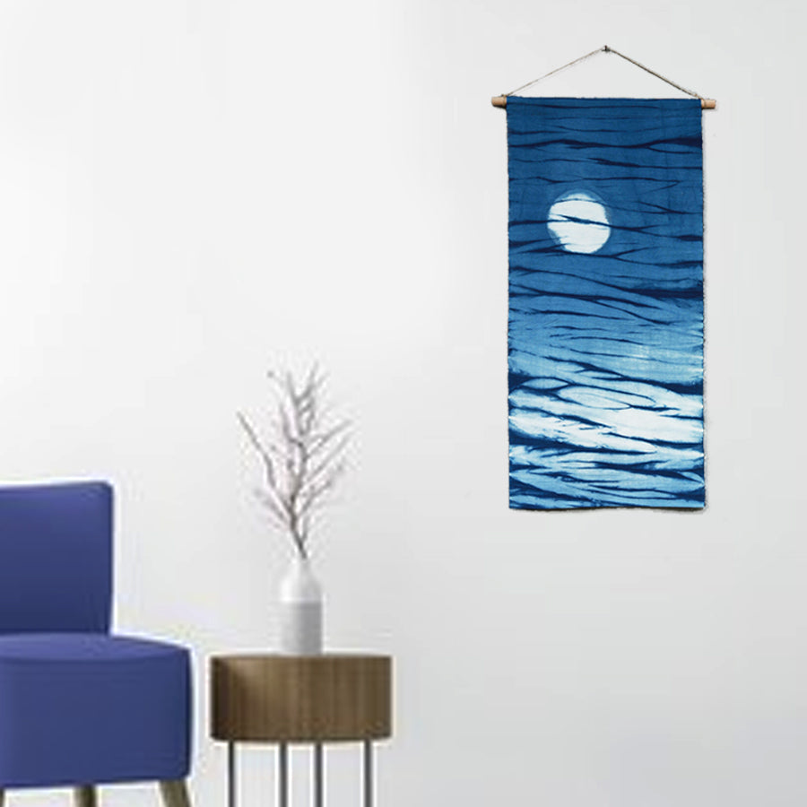 Plant Dyed Moonlight Wall Painting Chinese Hand Dyed Indigo Traditional Cloth Hanging Painting