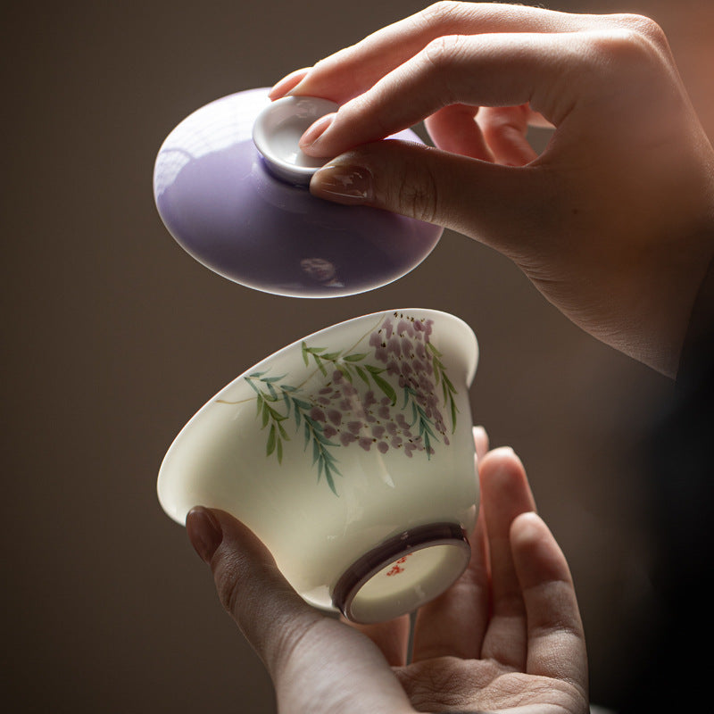 Chinese Original Handpainted Purple Wisteria Pattern Gaiwan Unique Teaware Master Pottery Tea Ceremony