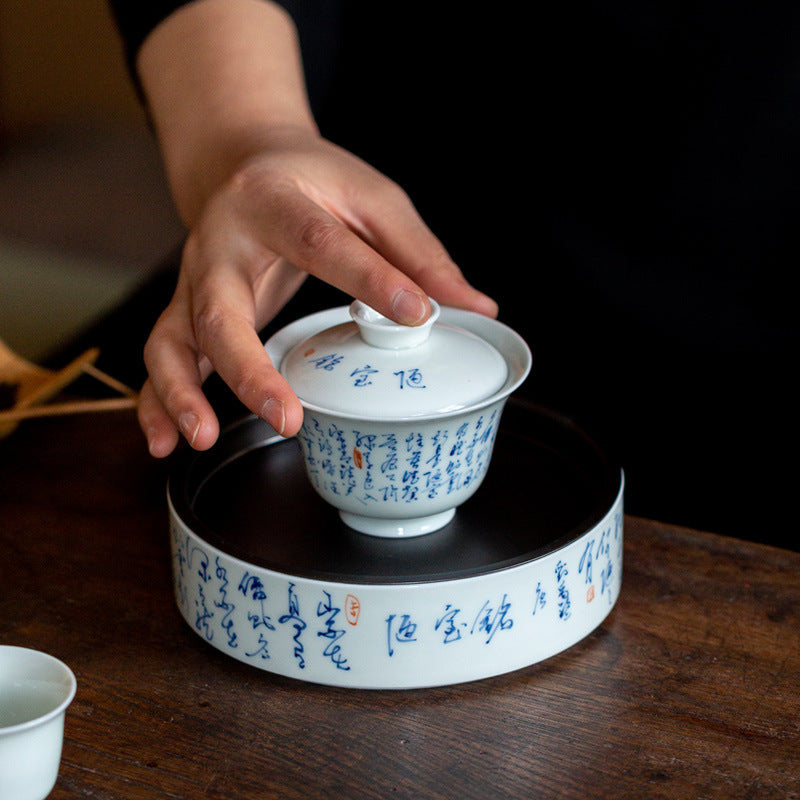 Chinese White Fine Pottery Handpainted Chinese Caligraphy Poem Tea tray Tea Boat Ceramic kung fu Tea Ceremony