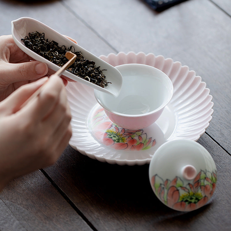 Handmade Gradient Pink Flower Ceramic Tea Scoop Chinese Tea Spoon Original