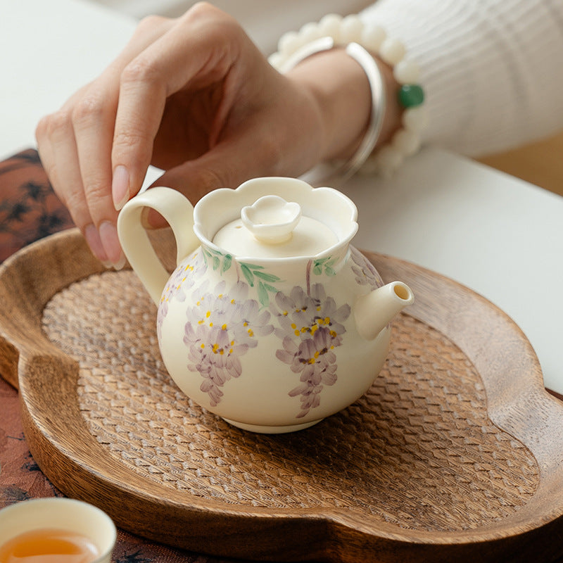 Original Handpainted Purple Wisteria Flower Pattern Kohiki Teapot Japanese Pottery Master Ceramic Tea Ceremony