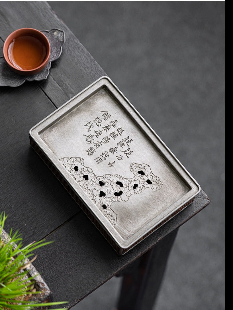 Handcrafted Tea Bamboo Tin Tray Mottled Bamboo Pure Tin Tea Boat Chaozhou Tray Chinese Master Artwork Teapot Holder Tea Boat