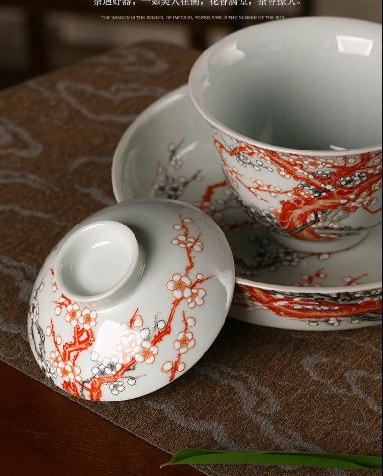 this is a Chinese Jingdezhen alum red plum flower teapot.this is a ceramic teapot gaiwan