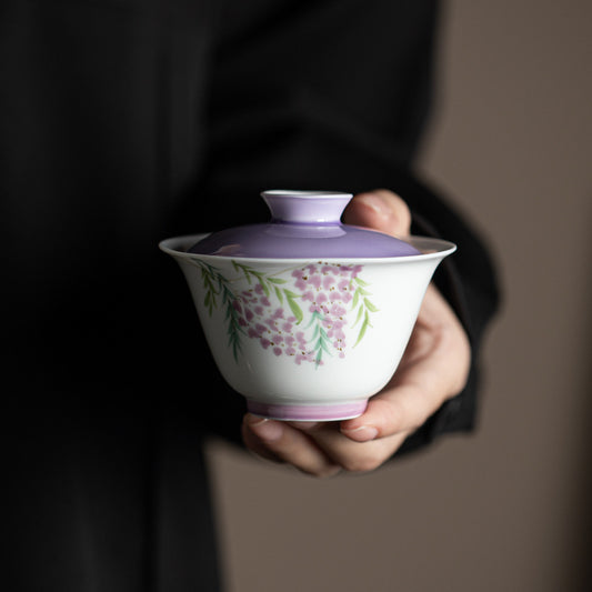 Chinese Original Handpainted Purple Wisteria Pattern Gaiwan Unique Teaware Master Pottery Tea Ceremony