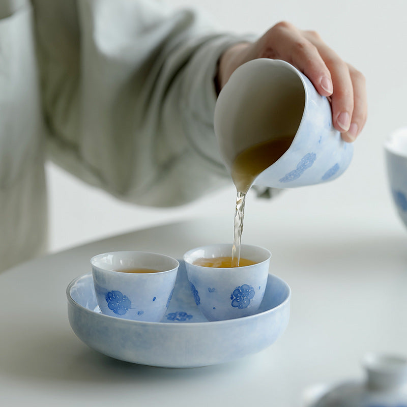 Chinese Handpainted Blue Cherry Blossoms Pattern Tea Tray Tea Boat Unique Original Ceramic Teapot Holder