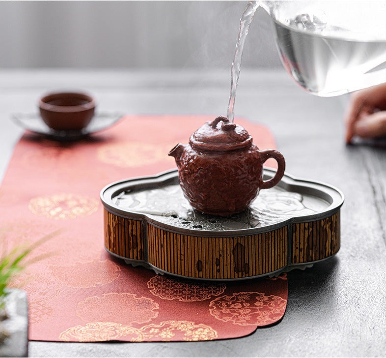 Handcrafted Tea Bamboo Tin Tray Mottled Bamboo Pure Tin Tea Boat Chaozhou Tray Chinese Master Artwork Teapot Holder Tea Boat