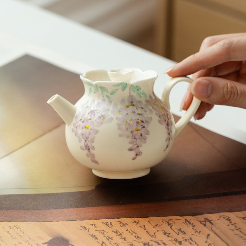 Original Handpainted Purple Wisteria Flower Pattern Kohiki Teapot Japanese Pottery Master Ceramic Tea Ceremony