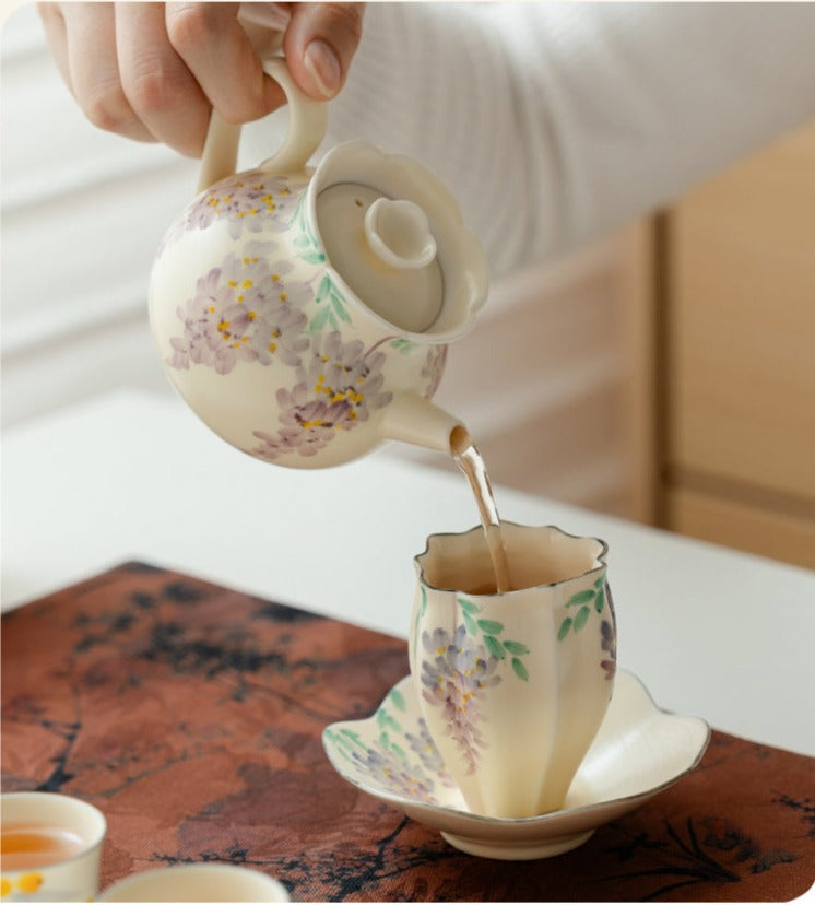 Original Handpainted Purple Wisteria Flower Pattern Kohiki Teapot Japanese Pottery Master Ceramic Tea Ceremony