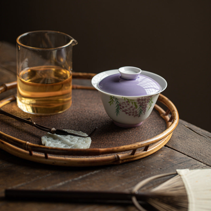 Chinese Original Handpainted Purple Wisteria Pattern Gaiwan Unique Teaware Master Pottery Tea Ceremony